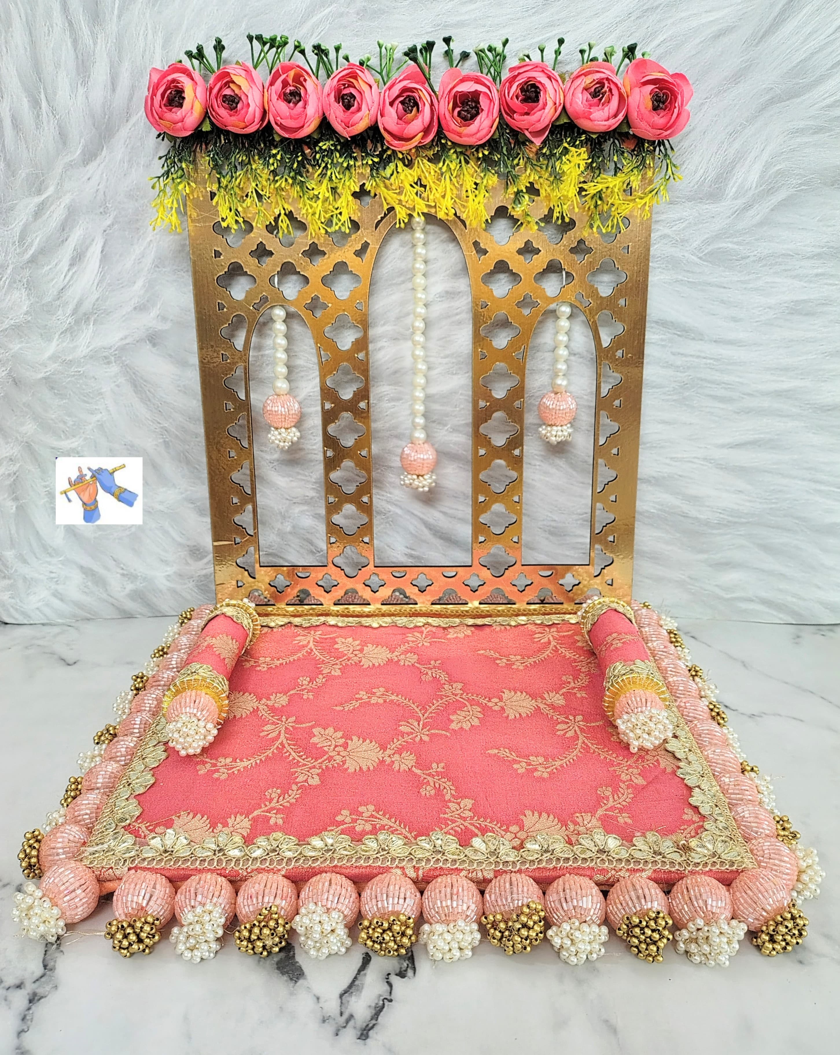 wooden Foldable rose singhasan for your Mandir Ganpati or laddu gopal, pink